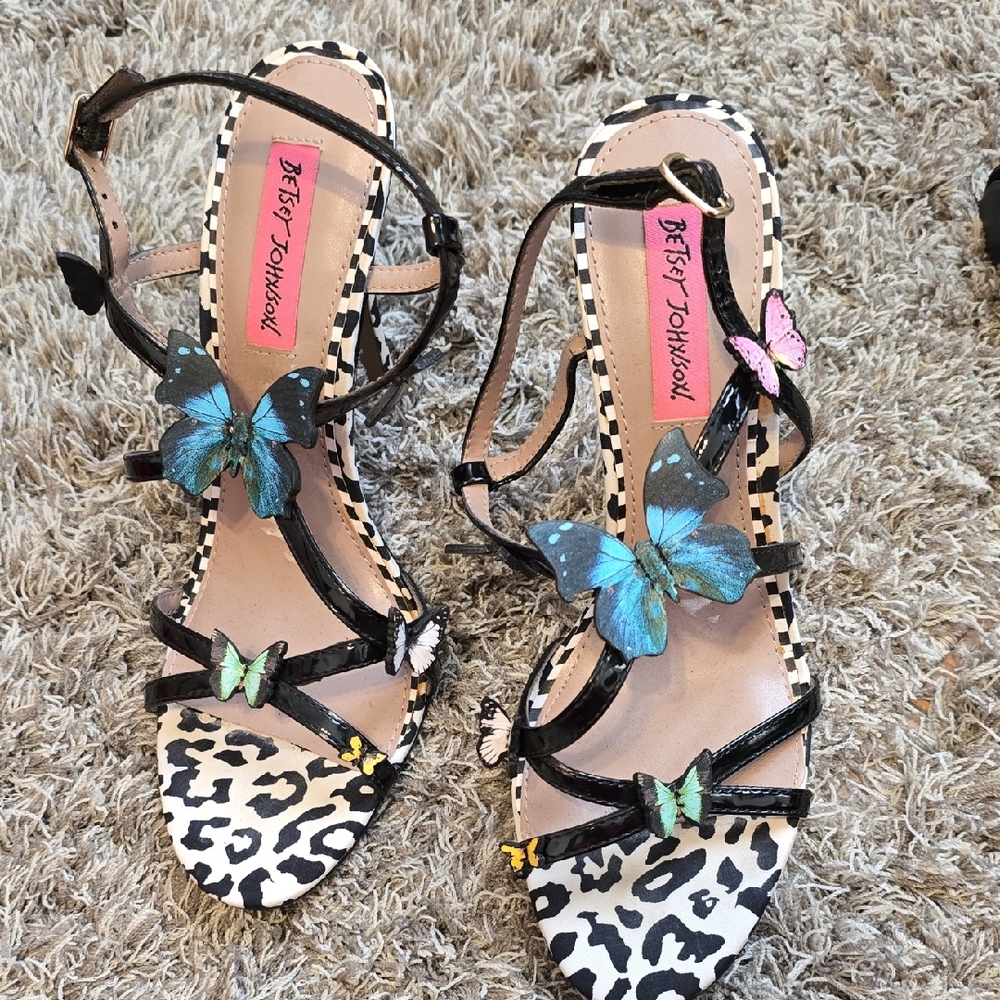 Betsey Johnson Black Sandals with Blue and Pink Butterflies